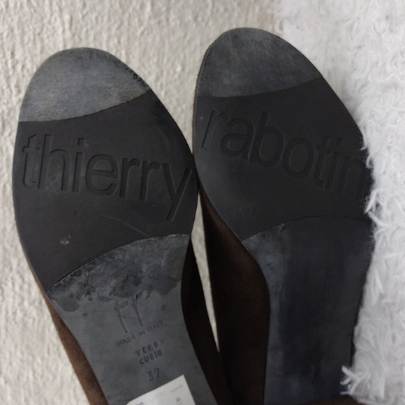 Thierry Rabotin Vintage Brown Suede Leather Almond Peep Toe Blocked Heel Shoe - Picture 8 of 15